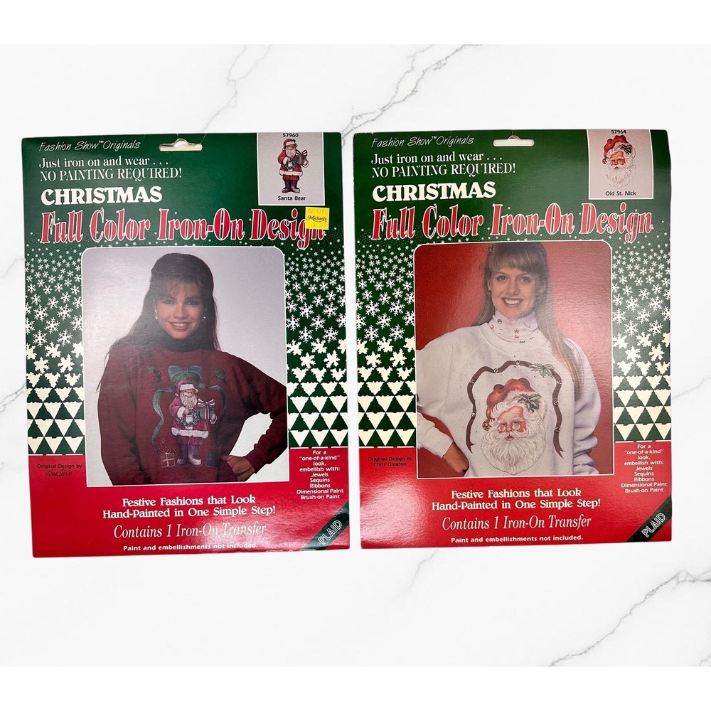 Plaid Christmas Iron-On Transfers OS Multi‎ New Vintage 90s Santa